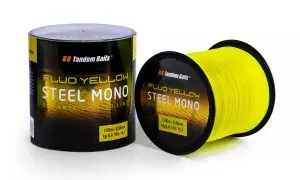 Jasnożółty monofilament "Steel Mono" Tandem Baits na szpulce i w opakowaniu. Idealny do dalekich rzutów.
