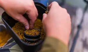 Ręce przygotowują zanętę z pelletem do łowienia ryb.