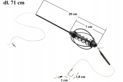 Zestaw na szczupaka z gruntu: 71 cm długości, koszyczek 7 cm, haczyk 1,8 cm. Idealny na drapieżniki.