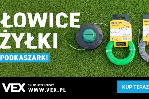 Zielona i szara żyłka wędkarska o różnej grubości do podkaszarki, na tle trawy.