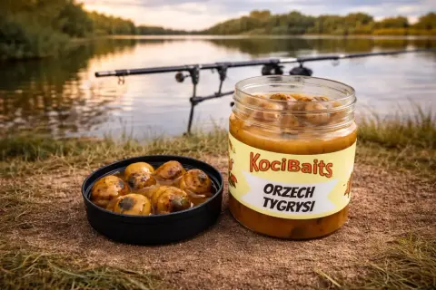 Słoik i miska z orzechami tygrysimi na brzegu jeziora, w tle wędka.