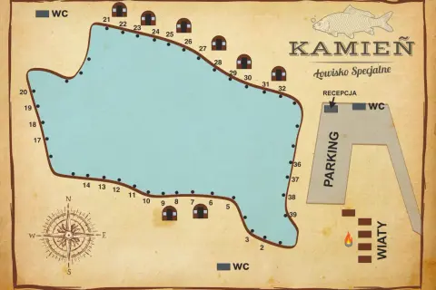 Mapa łowiska Kamień z zaznaczonymi stanowiskami, WC, parkingiem i wiatami. Idealne miejsce na wędkarską przygodę.