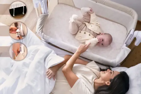 Mama i dziecko w łóżeczku. Kołyska automatyczna ułatwia opiekę, mocowana do łóżka rodziców.