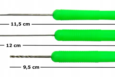 Trzy igły do kulek proteinowych: z haczykiem (11,5 cm), prosta (12 cm) i wiertło (9,5 cm).