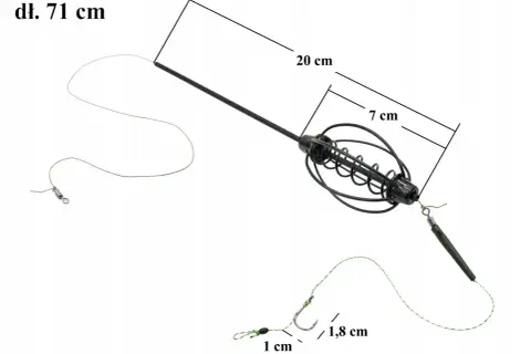Akcesoria do metody gruntowej: koszyczek zanętowy (7 cm), obciążenie (20 cm), żyłka (71 cm), haczyk (1,8 cm) i krętlik (1 cm). Idealne, by zrobić wędkę na grunt.