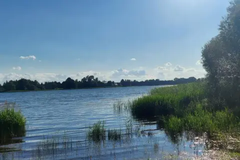 Chłopiec z podbierakiem na pomoście nad jeziorem Marianowo. Słoneczny dzień, błękitne niebo z chmurkami.