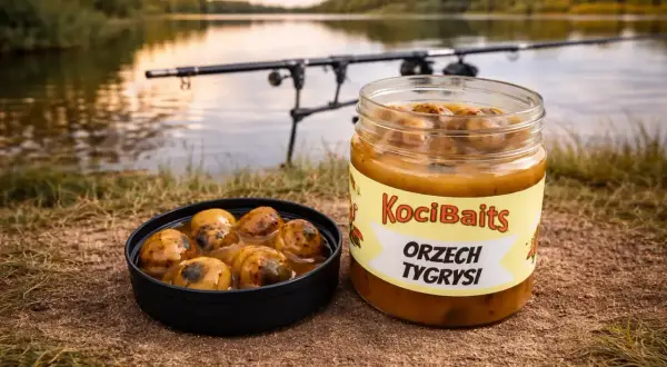 Słoik i miska z orzechami tygrysimi na brzegu jeziora, w tle wędka.