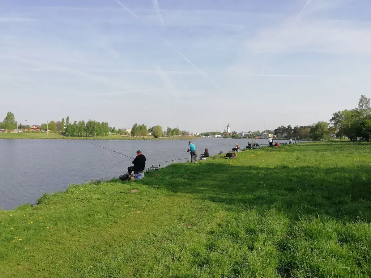 Wędkarze relaksują się nad wodą, łowiąc ryby na zalewie Stryków. Słoneczny dzień sprzyja wypoczynkowi.