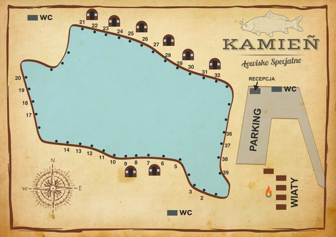 Mapa łowiska Kamień z zaznaczonymi stanowiskami, WC, parkingiem i recepcją. Idealne miejsce na wędkarską przygodę.
