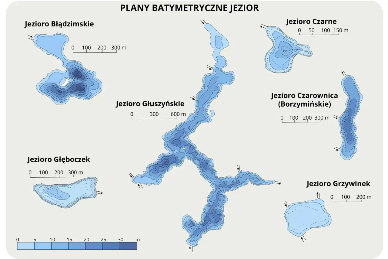 Plany batymetryczne jezior w Polsce: Jezioro Błądzimskie, Głęboczek, Głuszyńskie, Czarne, Czarownica, Grzywinek.
