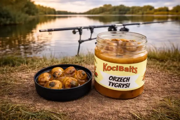 Słoik i miska z orzechami tygrysimi na brzegu jeziora, w tle wędka.