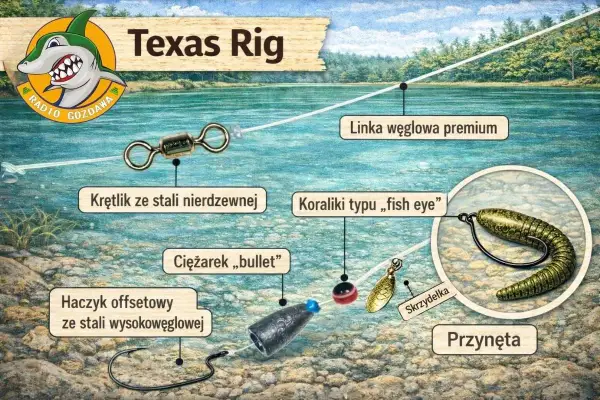 Schemat zestawu Texas Rig: haczyk offsetowy, ciężarek bullet, koraliki, krętlik, linka węglowa i przynęta.